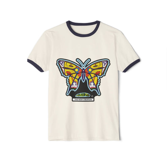 Colorful Butterfly Ringer Tee – Retro Cotton T-Shirt with Symbolic Graphic & Contrast Trim