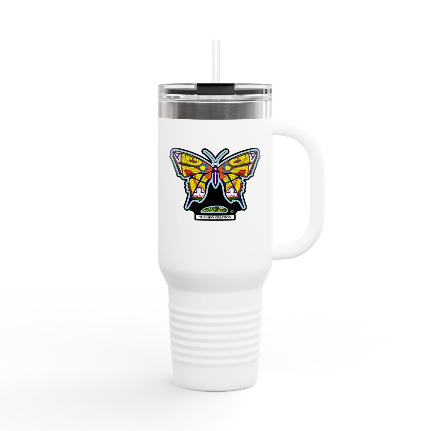 Butterfly Insulated Travel Mug – 40oz Stainless Steel Tumbler with Straw & Bold Symbol