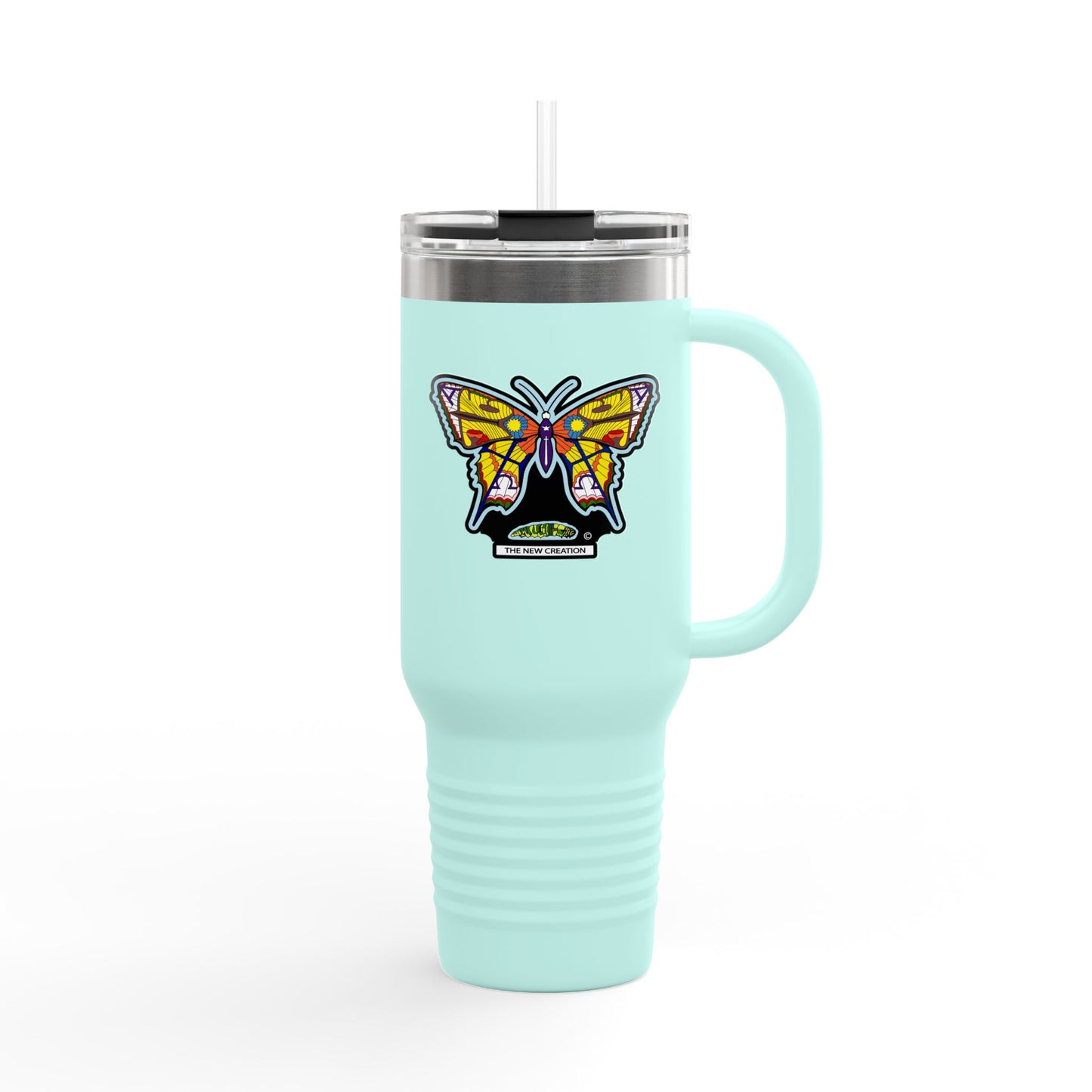 Butterfly Insulated Travel Mug – 40oz Stainless Steel Tumbler with Straw & Bold Symbol