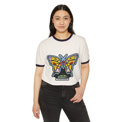 Colorful Butterfly Ringer Tee – Retro Cotton T-Shirt with Symbolic Graphic & Contrast Trim