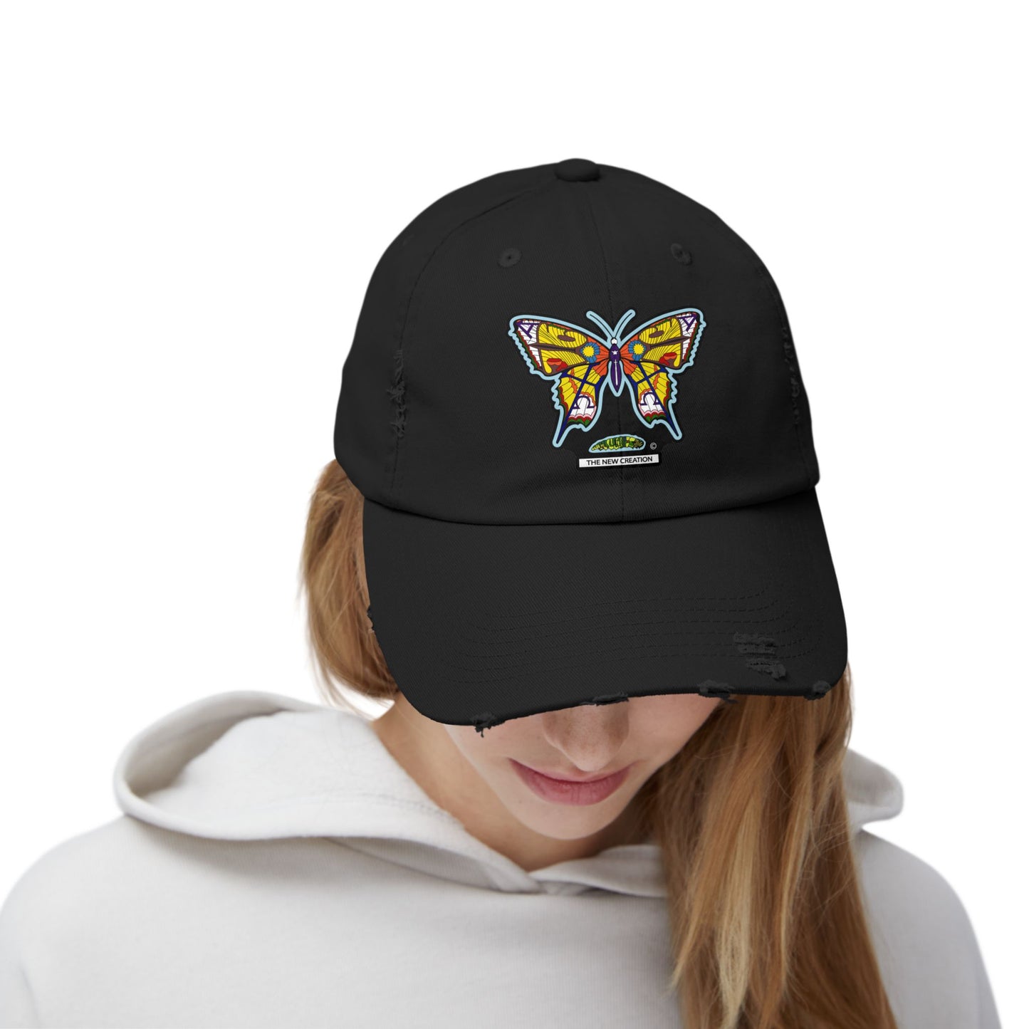 Butterfly Distressed Cap – Vintage-Style Cotton Hat with Symbolic Embroidery