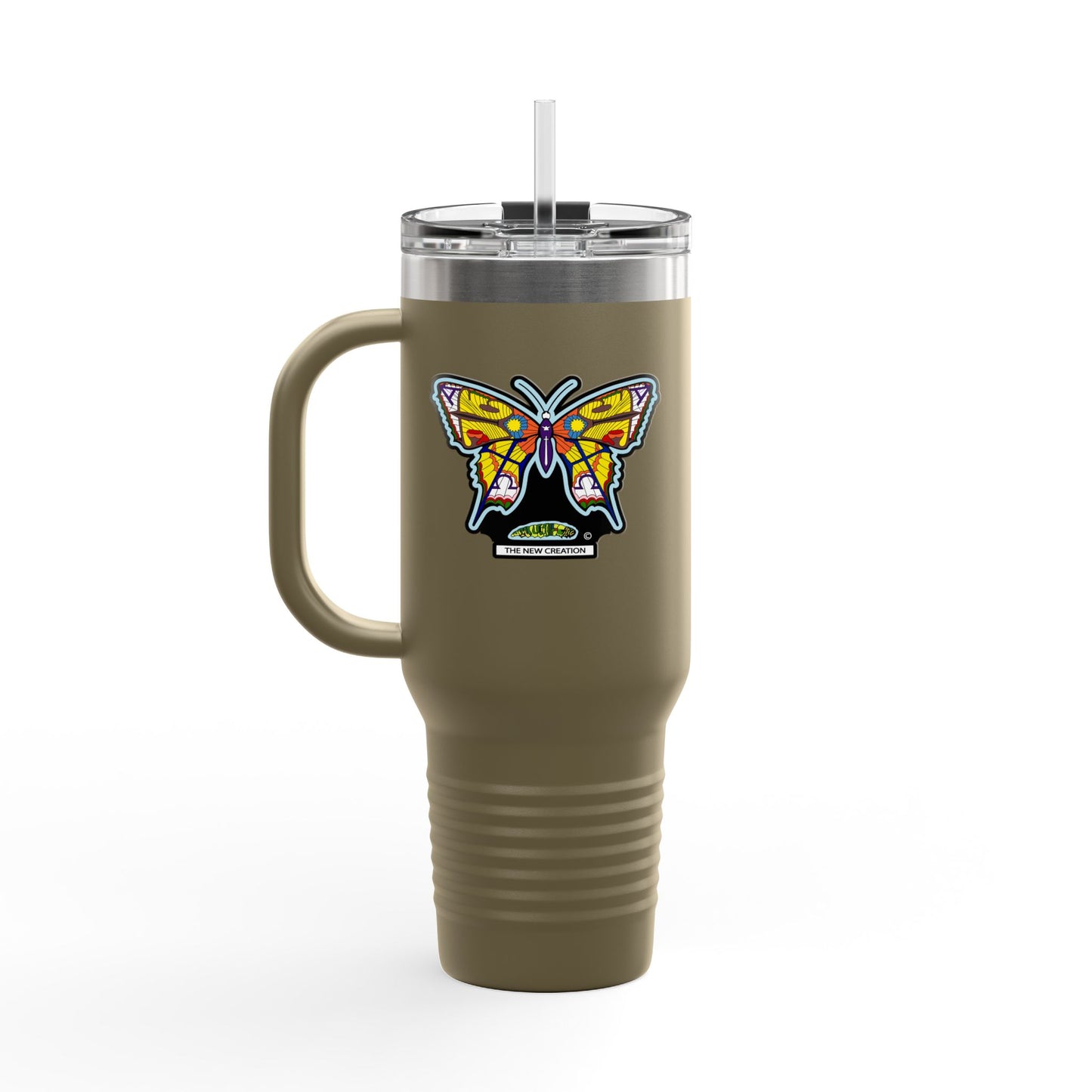 Butterfly Insulated Travel Mug – 40oz Stainless Steel Tumbler with Straw & Bold Symbol