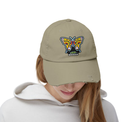 Butterfly Distressed Cap – Vintage-Style Cotton Hat with Symbolic Embroidery