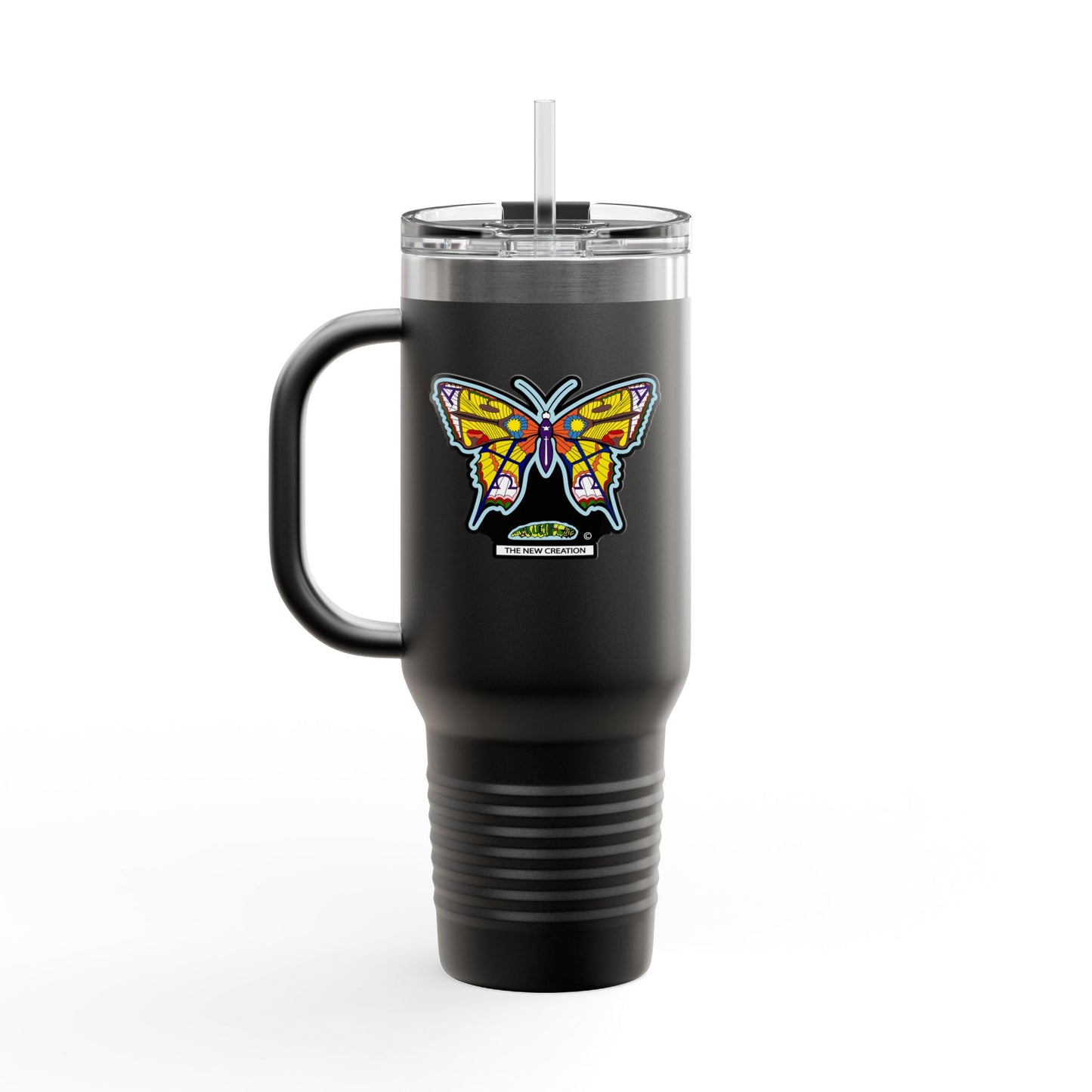 Butterfly Insulated Travel Mug – 40oz Stainless Steel Tumbler with Straw & Bold Symbol