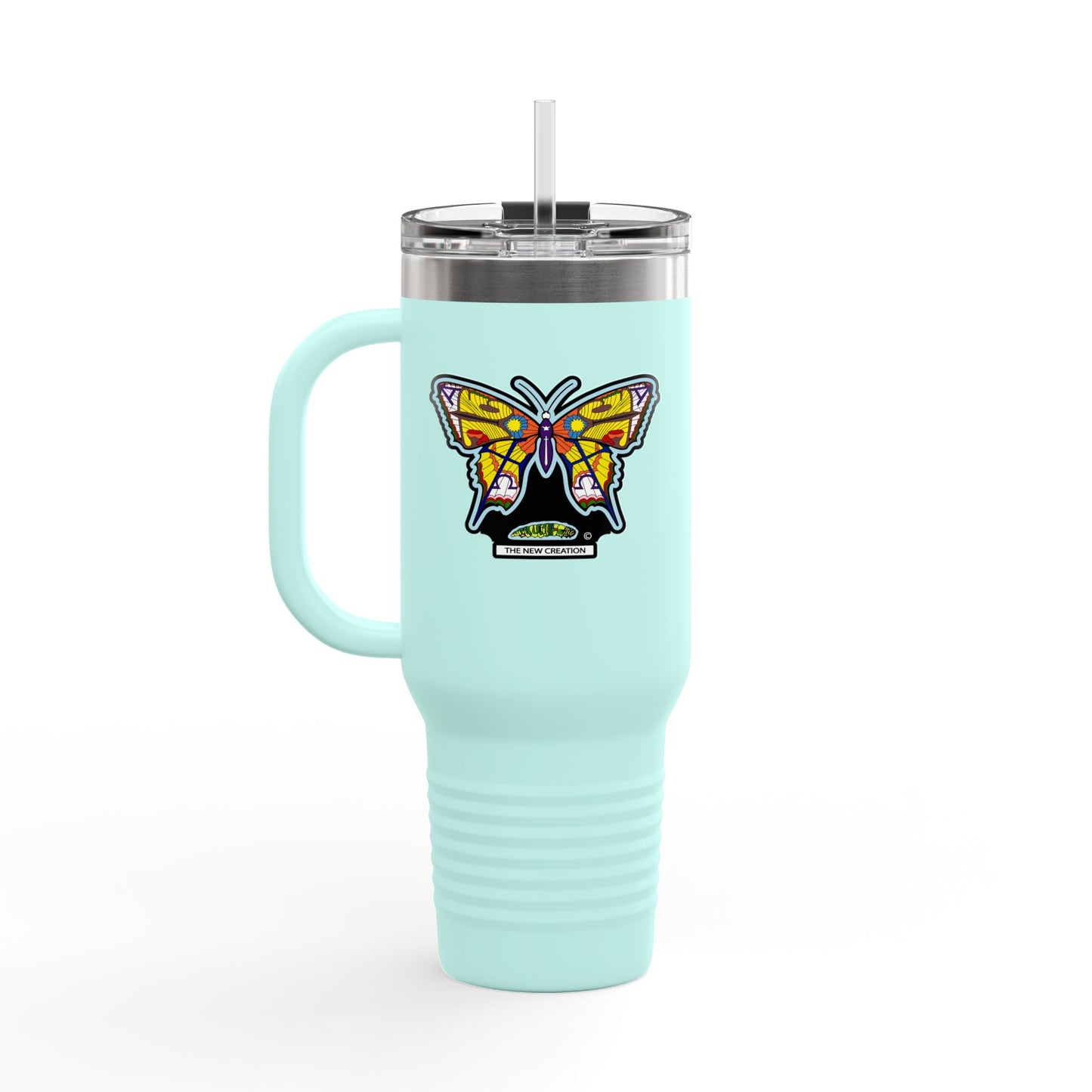 Butterfly Insulated Travel Mug – 40oz Stainless Steel Tumbler with Straw & Bold Symbol