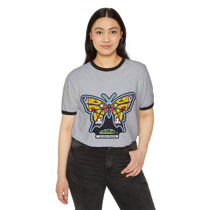 Colorful Butterfly Ringer T-Shirt, Vibrant Graphic Tee, Unisex Cotton Shirt, Gift for Nature Lovers, Boho Style Apparel