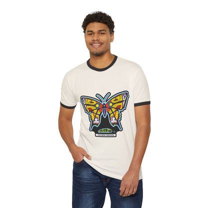 Colorful Butterfly Ringer Tee – Retro Cotton T-Shirt with Symbolic Graphic & Contrast Trim