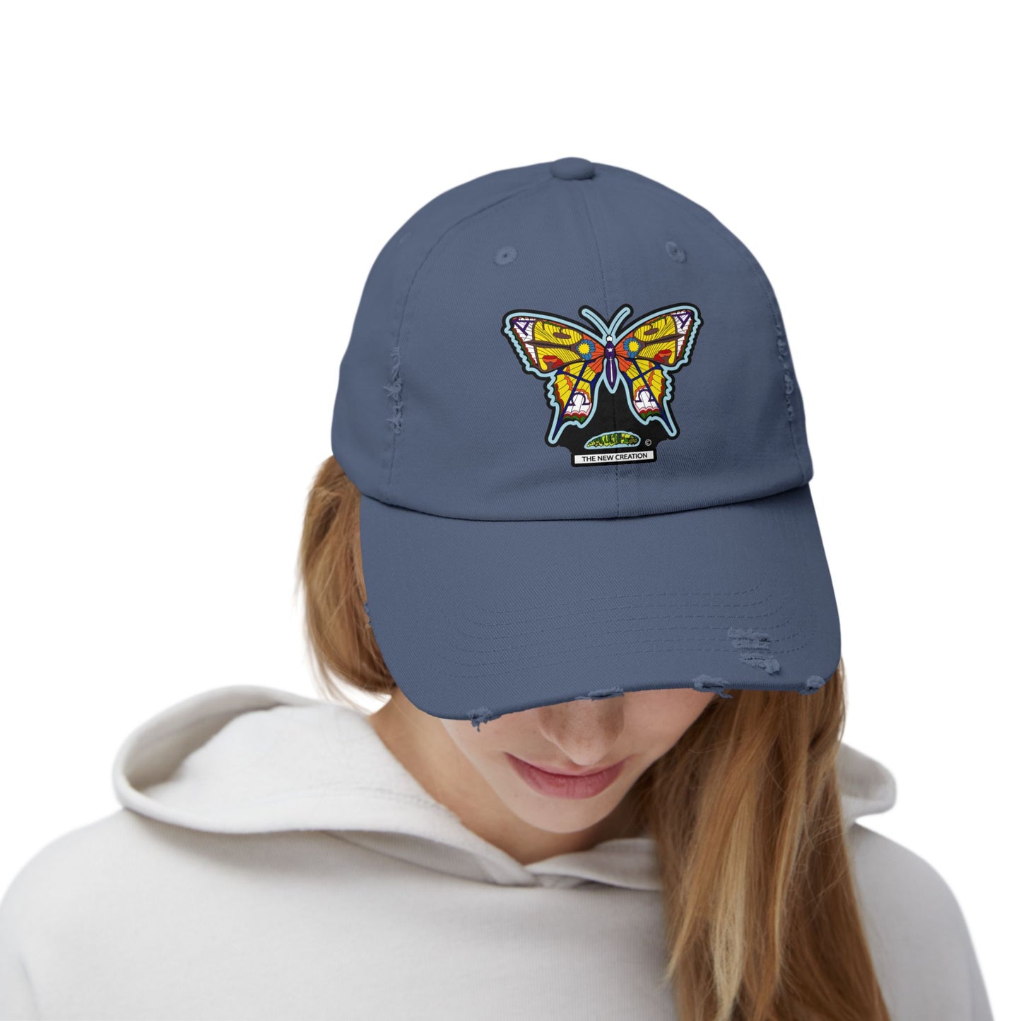 Butterfly Distressed Cap – Vintage-Style Cotton Hat with Symbolic Embroidery