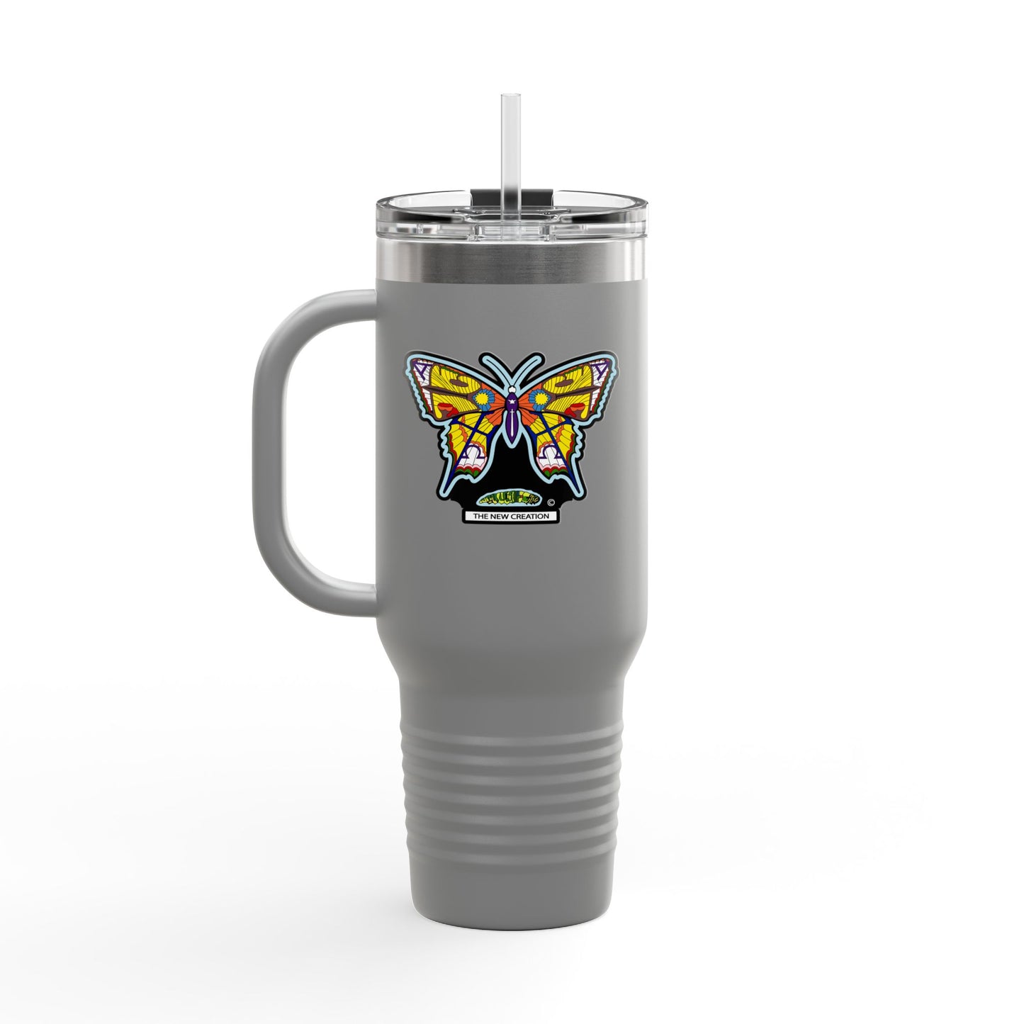 Butterfly Insulated Travel Mug – 40oz Stainless Steel Tumbler with Straw & Bold Symbol