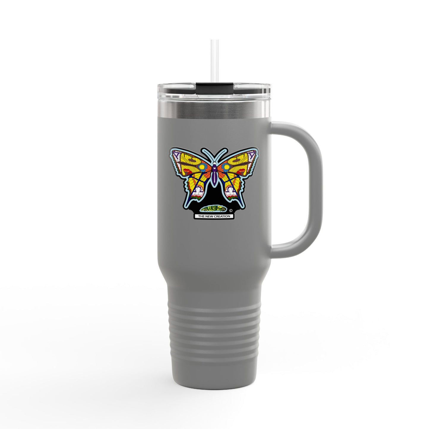 Butterfly Insulated Travel Mug – 40oz Stainless Steel Tumbler with Straw & Bold Symbol