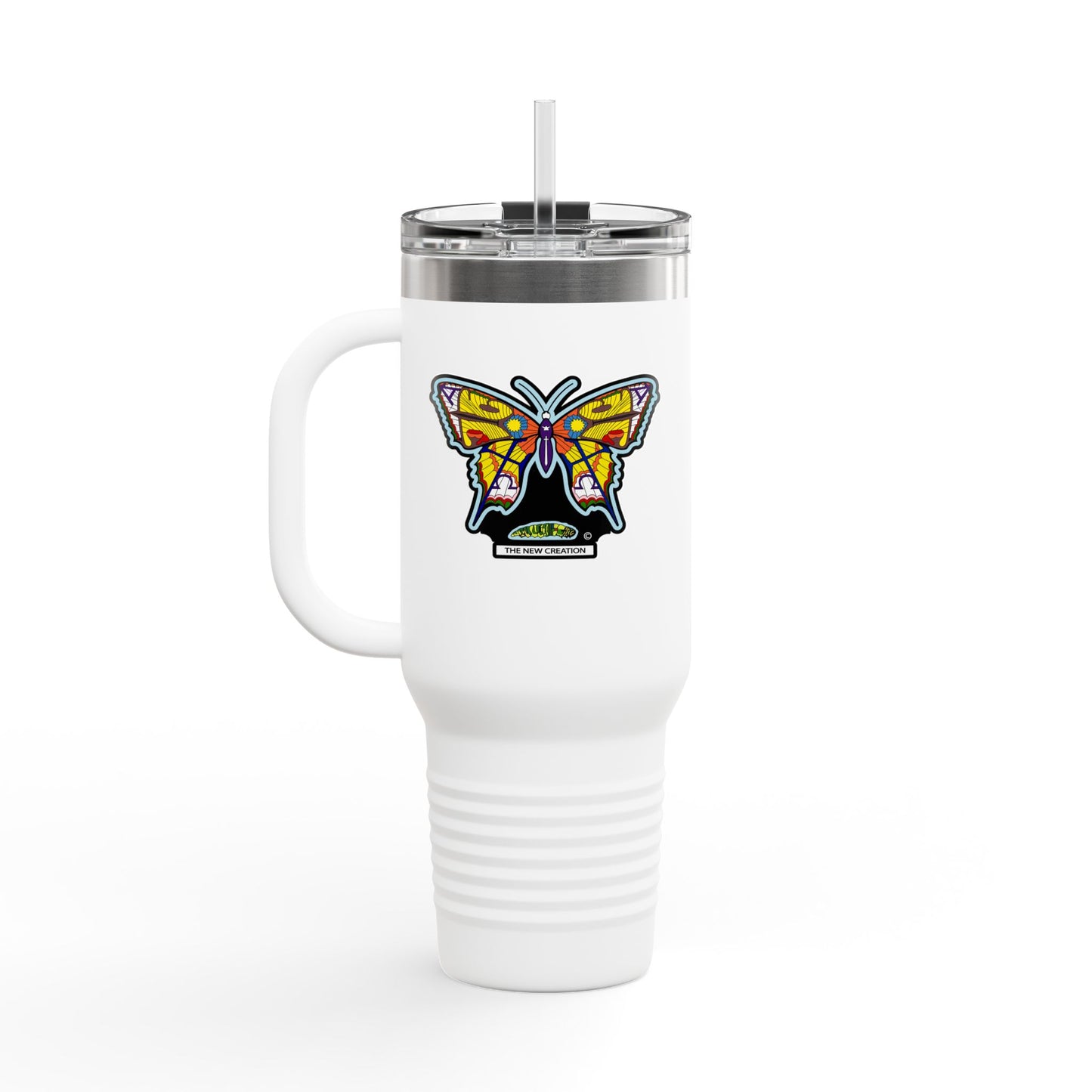 Butterfly Insulated Travel Mug – 40oz Stainless Steel Tumbler with Straw & Bold Symbol