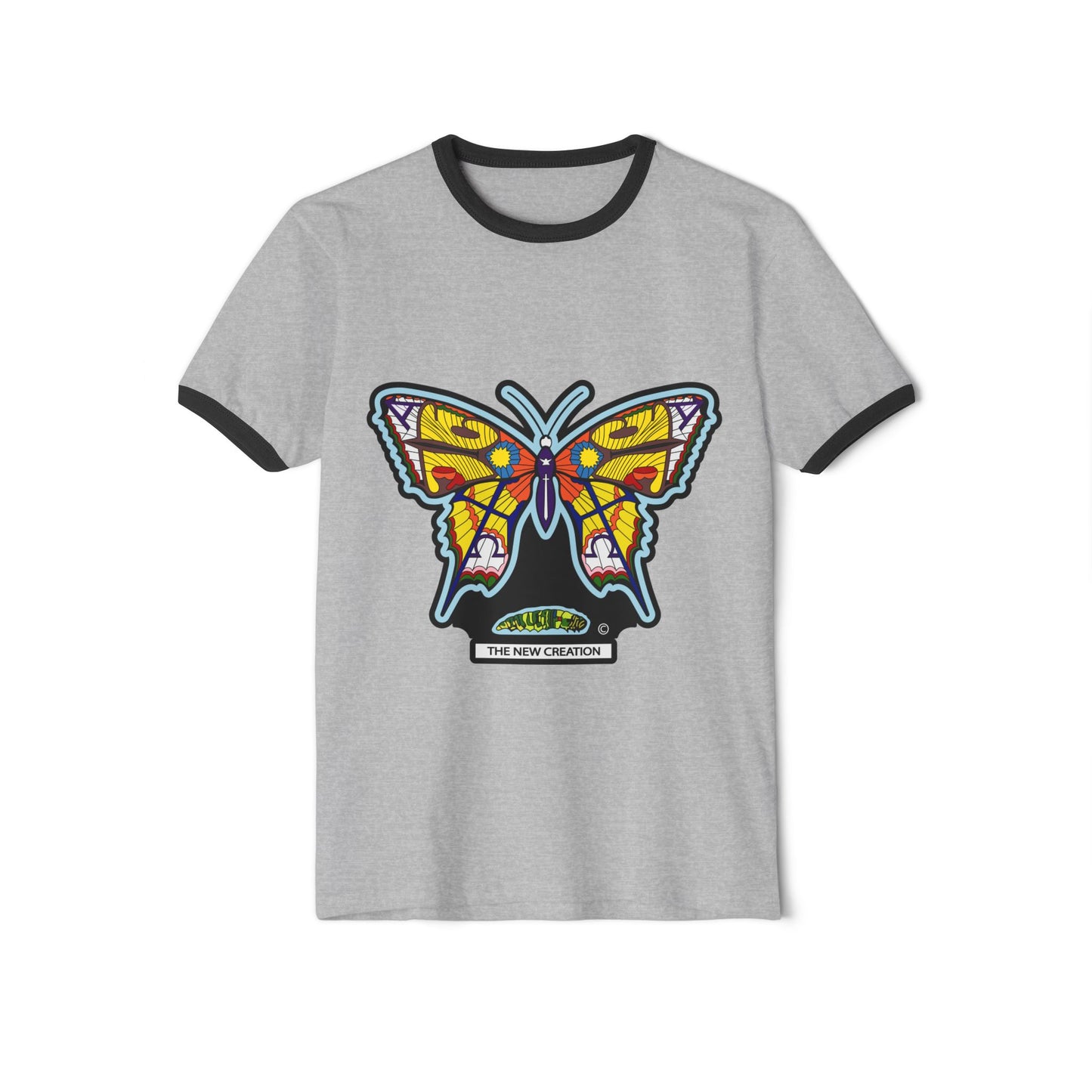 Colorful Butterfly Ringer Tee – Retro Cotton T-Shirt with Symbolic Graphic & Contrast Trim