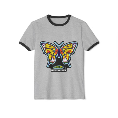 Colorful Butterfly Ringer Tee – Retro Cotton T-Shirt with Symbolic Graphic & Contrast Trim