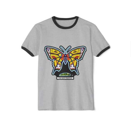 Colorful Butterfly Ringer Tee – Retro Cotton T-Shirt with Symbolic Graphic & Contrast Trim