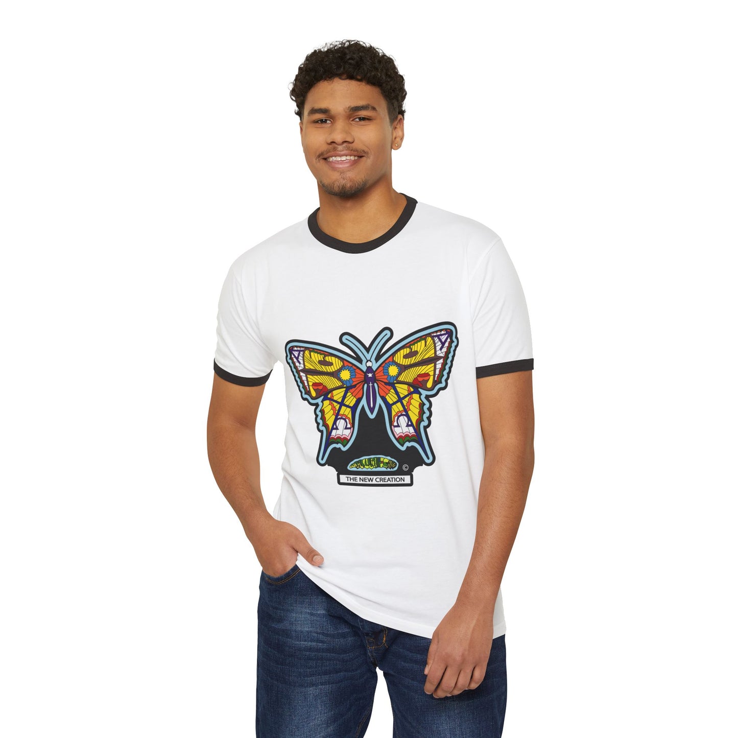 Colorful Butterfly Ringer Tee – Retro Cotton T-Shirt with Symbolic Graphic & Contrast Trim