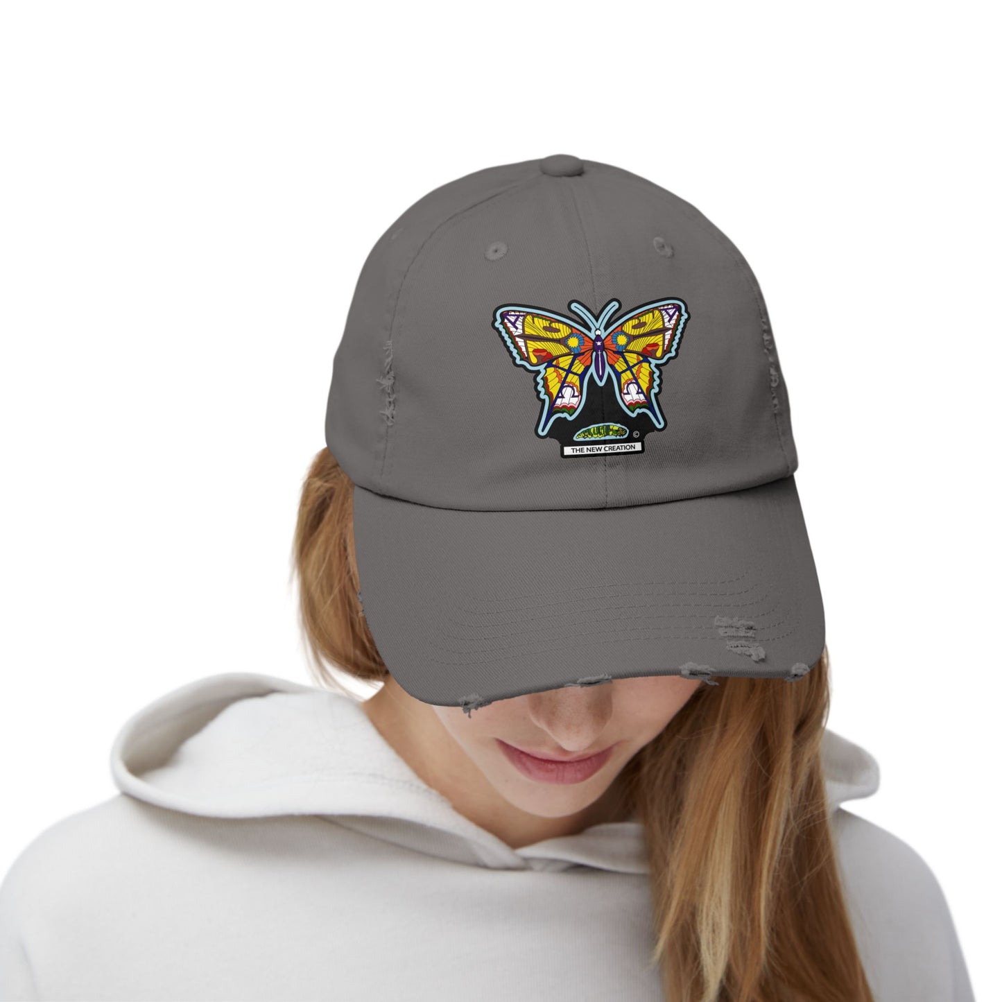 Butterfly Distressed Cap – Vintage-Style Cotton Hat with Symbolic Embroidery