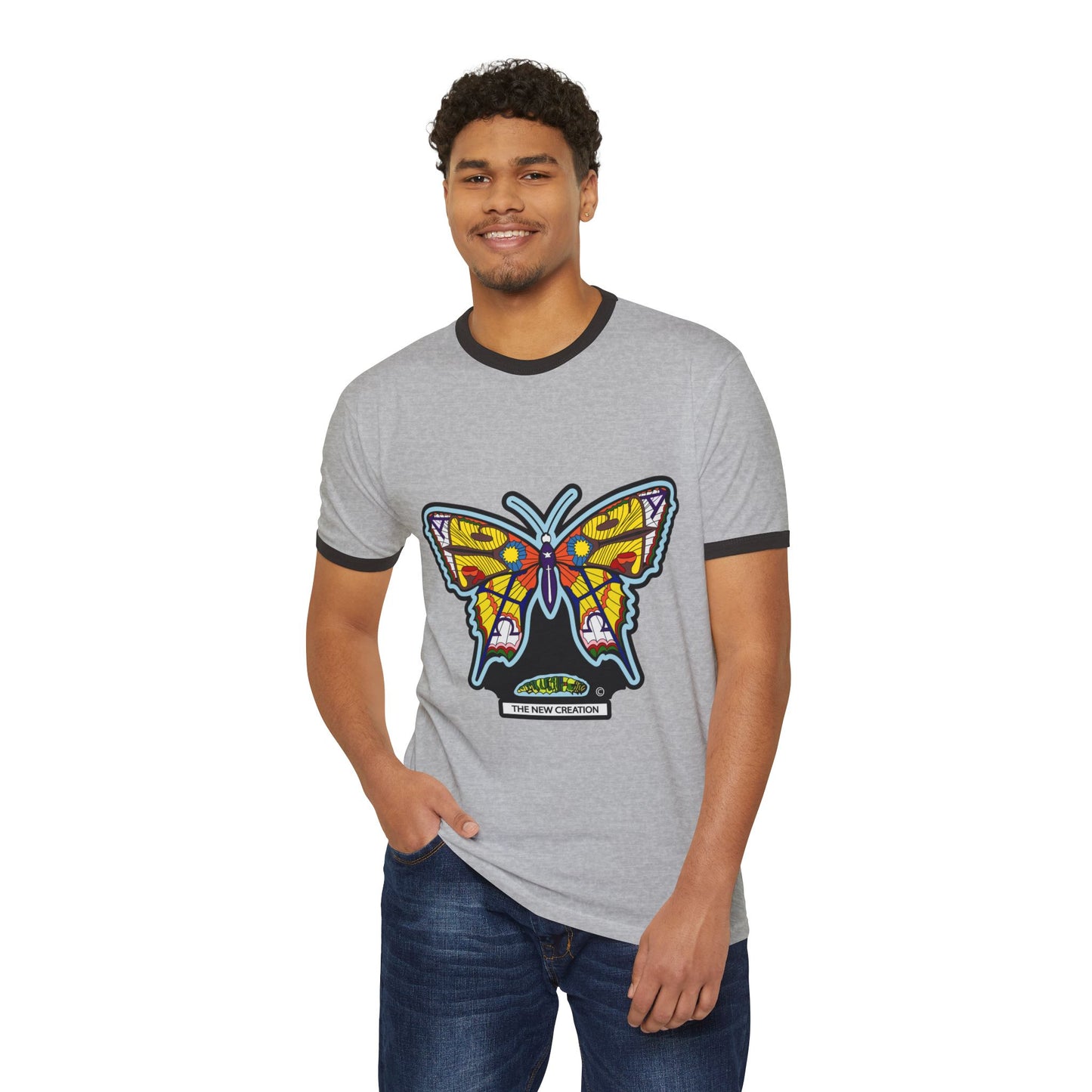 Colorful Butterfly Ringer Tee – Retro Cotton T-Shirt with Symbolic Graphic & Contrast Trim