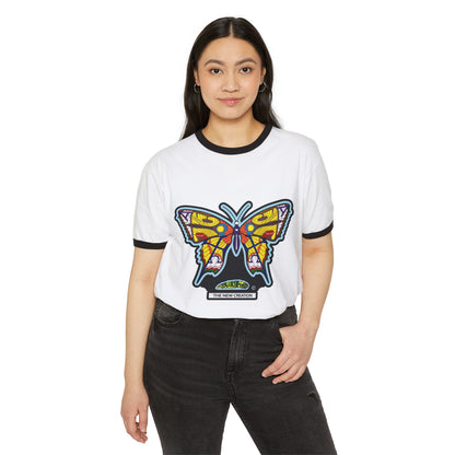 Colorful Butterfly Ringer Tee – Retro Cotton T-Shirt with Symbolic Graphic & Contrast Trim