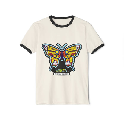 Colorful Butterfly Ringer T-Shirt, Vibrant Graphic Tee, Unisex Cotton Shirt, Gift for Nature Lovers, Boho Style Apparel